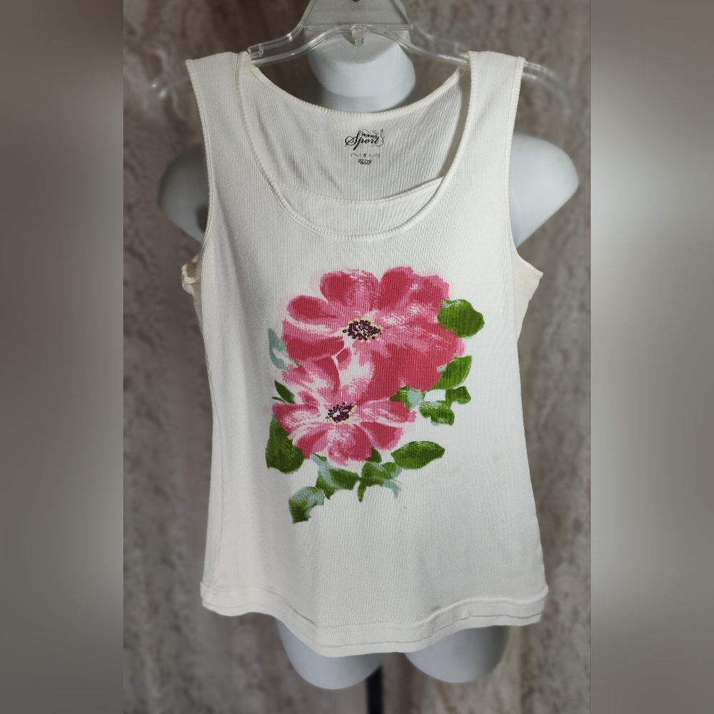 Style & Co Sports White Tank Top with Pink Floral Design